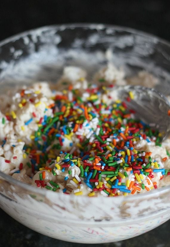 Rice krispie treat batter with rainbow sprinkles