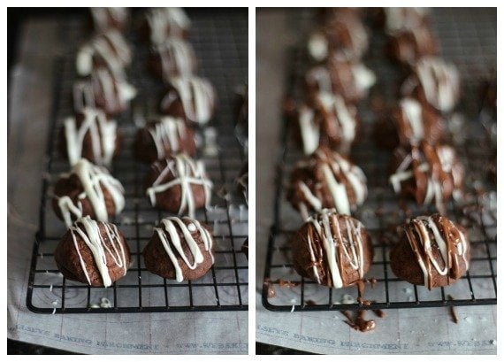 A collage of two photos of round chocolate cookies drizzled with white and dark chocolate on a cooling rack