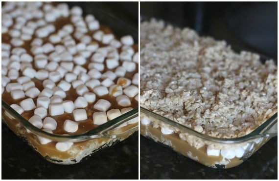 A collage of two pans of caramel stuffed rice krispie treats with one topped with mini marshmallows and one topped with rice krispies