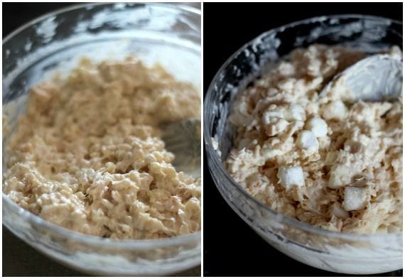 A collage of two images of rice krispie treats batter