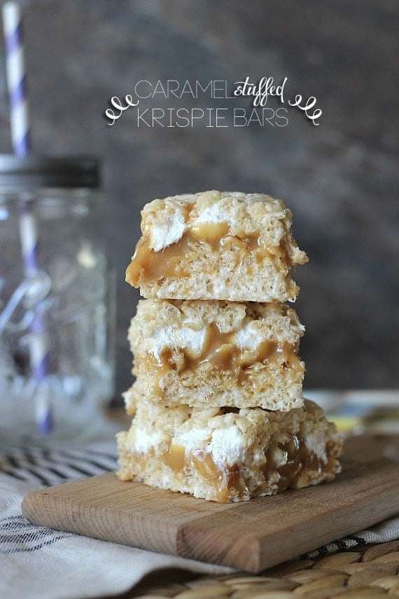 Caramel Stuffed Krispie Bars | Cookies and Cups