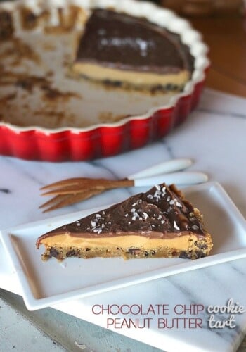A wedge of Chocolate Chip Peanut Butter tart on a plate