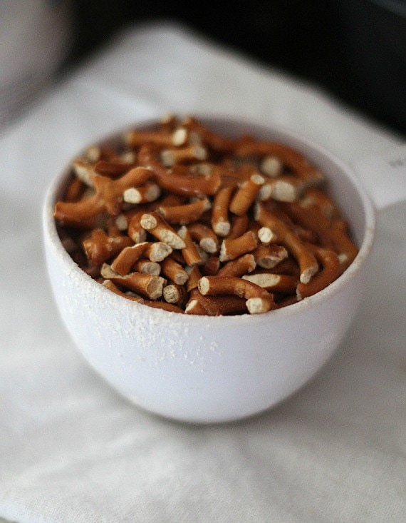 A bowl of broken pretzel pieces