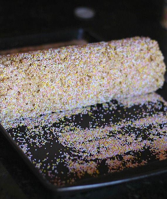 A sprinkle-covered log of rice krispie treats