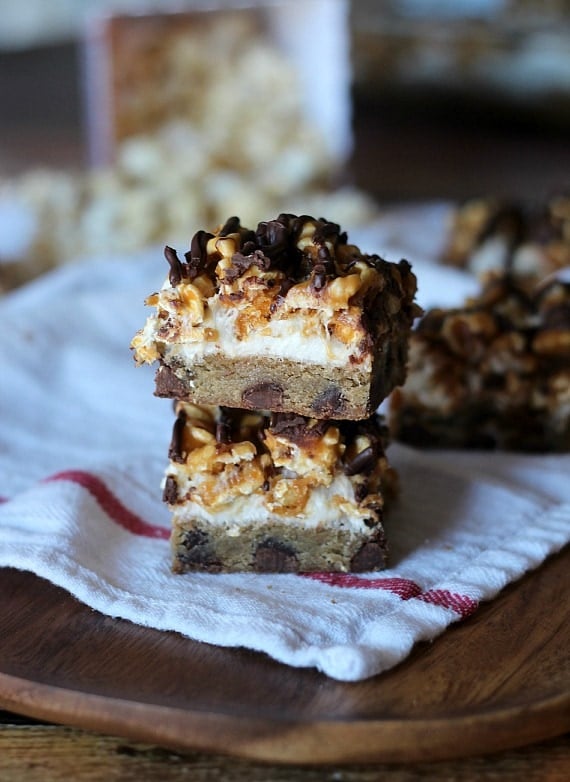 A stack of chocolate chip and peanut butter popcorn bars