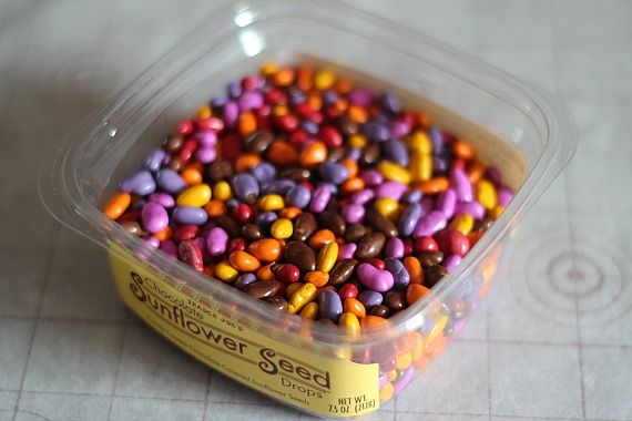 A package of colorful chocolate covered sunflower seeds