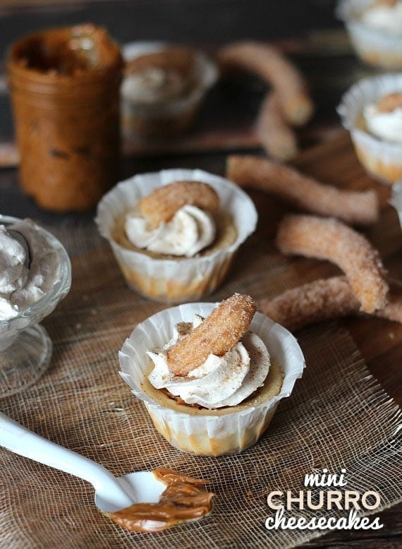 Overhead view of two mini churro cheesecakes