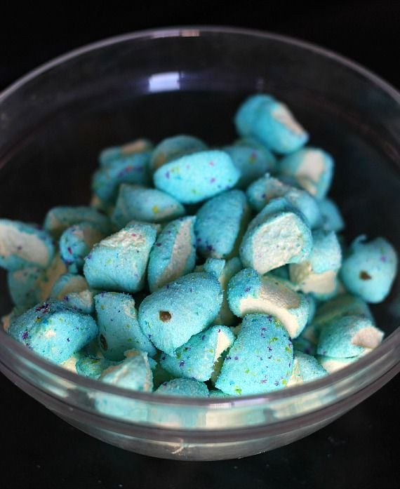 Chopped blue marshmallow peeps candy in a bowl
