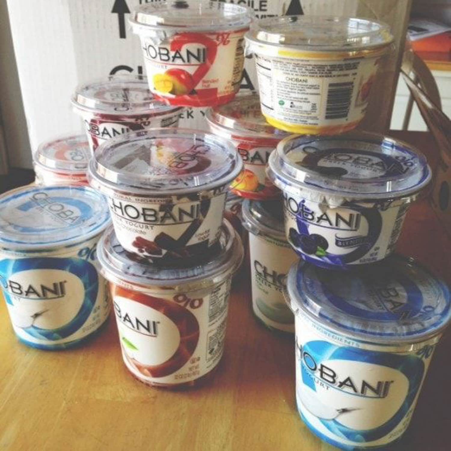 Chobani yogurts stacked on top of each other