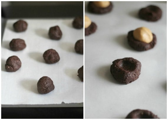 A collage of brownie dough balls on a baking sheet and peanut butter-filled brownie dough balls on a baking sheet