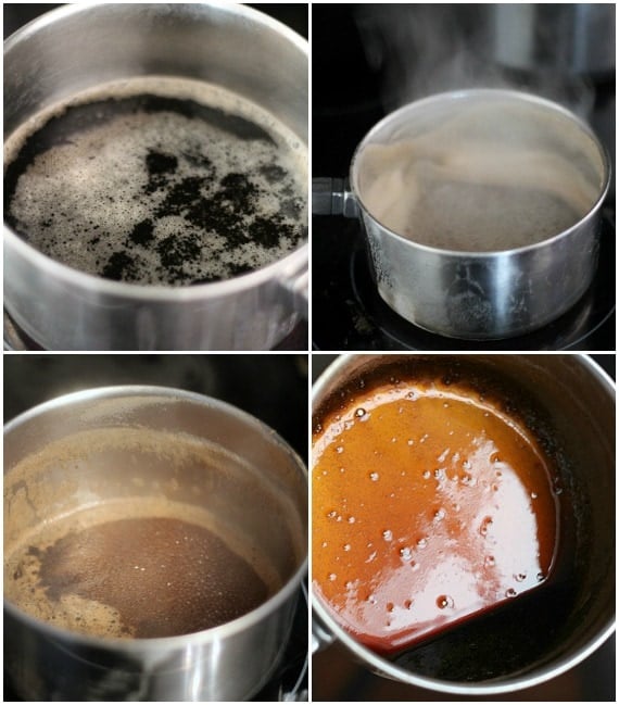 A collage of 4 photos of a stout beer reducing in a saucepan