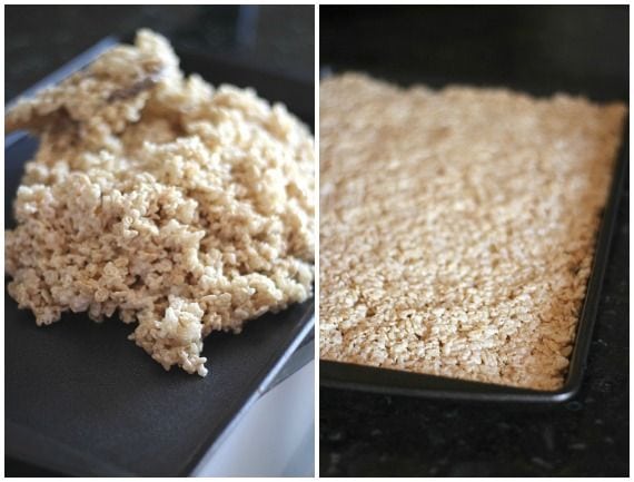 A collage of two photos of rice krispie treat batter in a pile and spread into a jelly roll pan