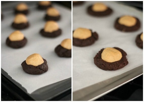 A collage of two baking sheets with peanut butter-filled chocolate cookies