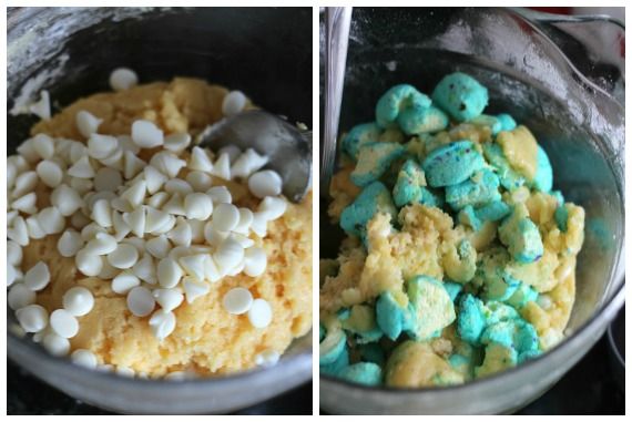 Cake mix with marshmallows and peeps in a bowl