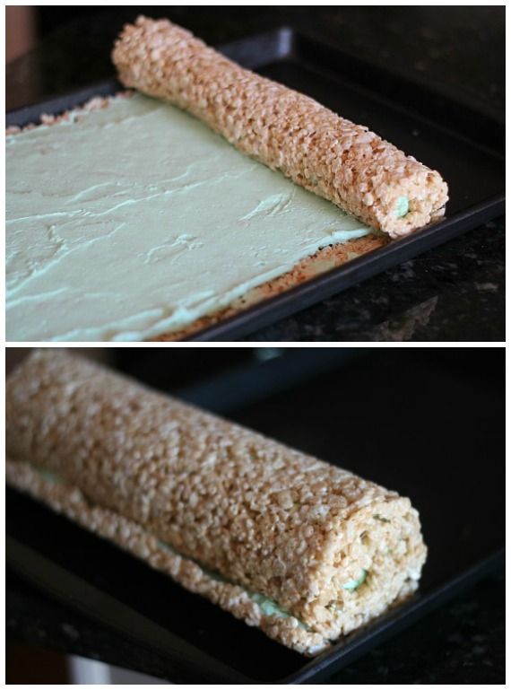 A collage of two photos of frosting-covered rice krispie treats being rolled into a log
