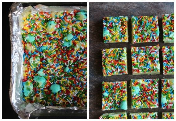 Top view of Peeps Cake Batter Candy bars cut into squares