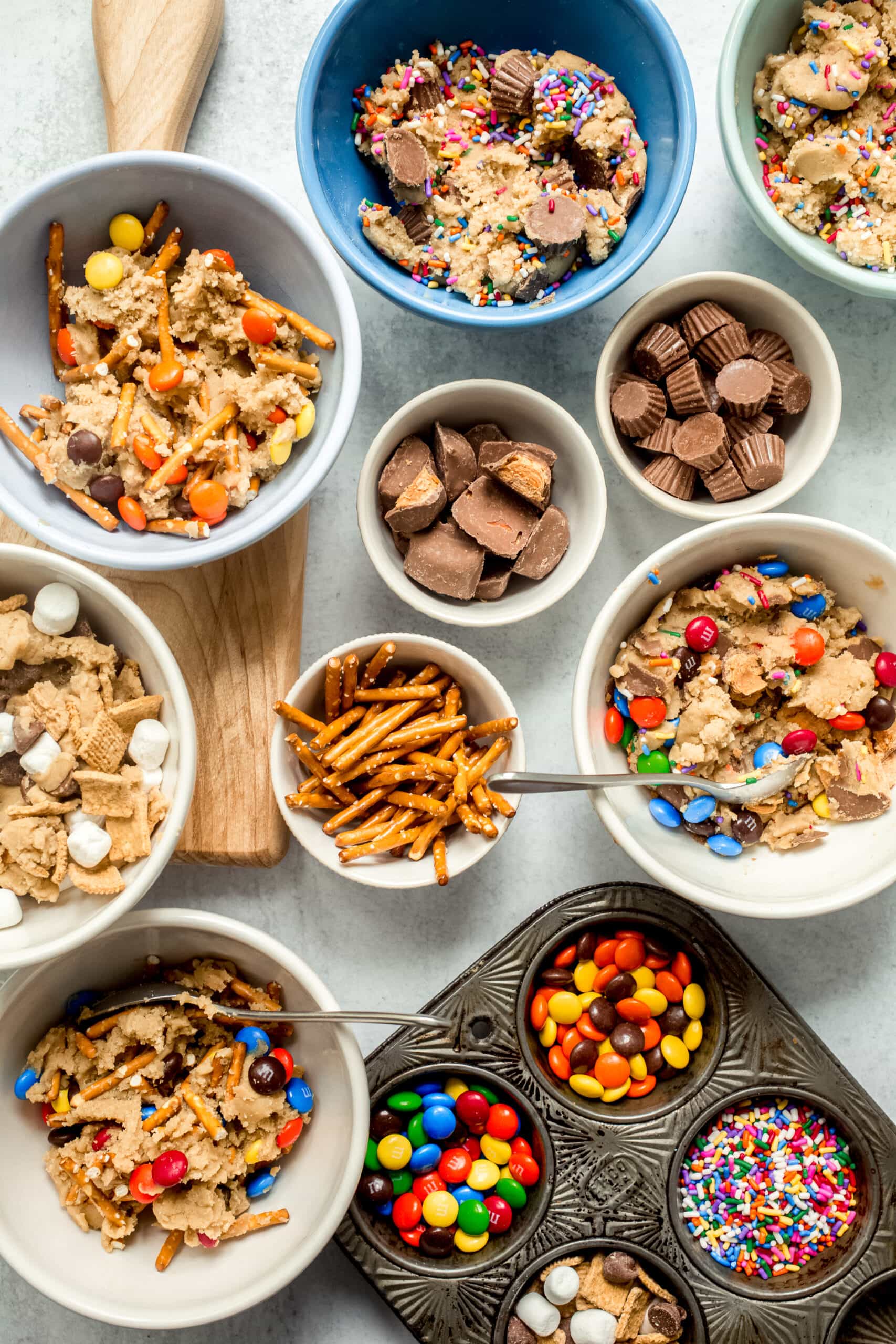 Bowls of mix-ins for cookies