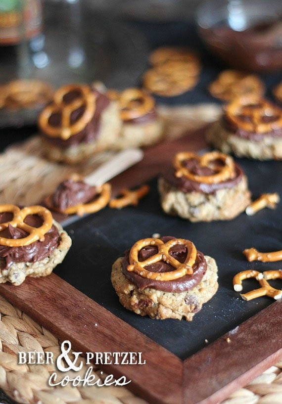 Overhead view of Beer and Pretzel cookies on a wooden board