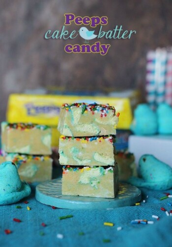 Peeps Cake Batter Candy squares stacked on a blue plate