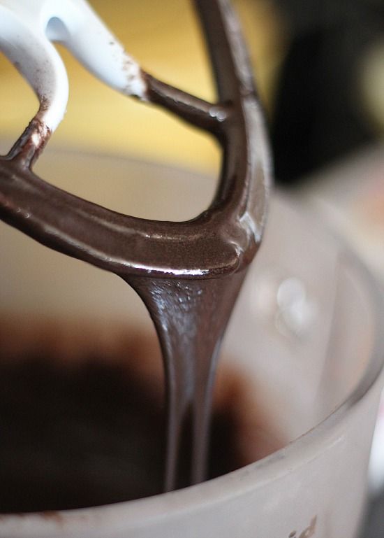 Chocolate batter on a stand mixer blade