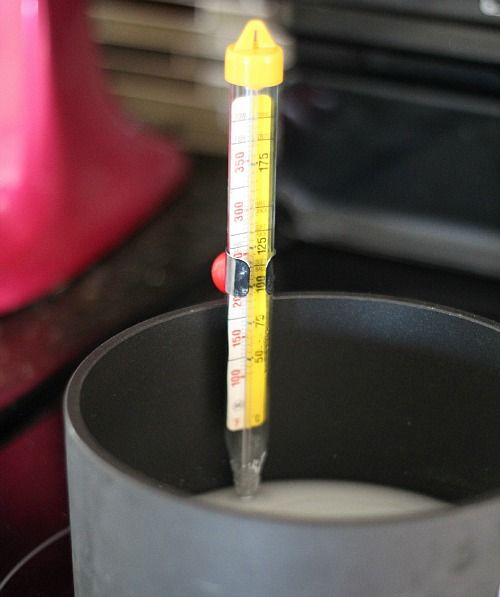 Candy thermometer in a saucepan