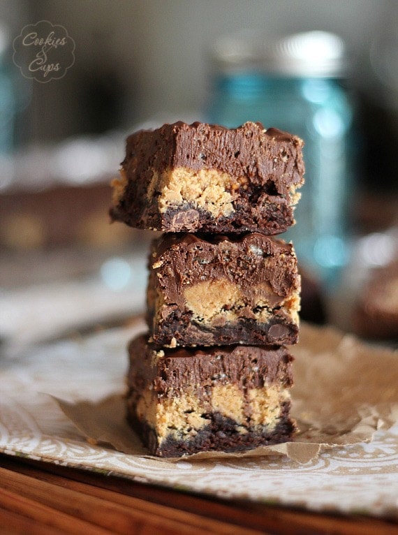 Stack of Peanut butter cup crack brownies