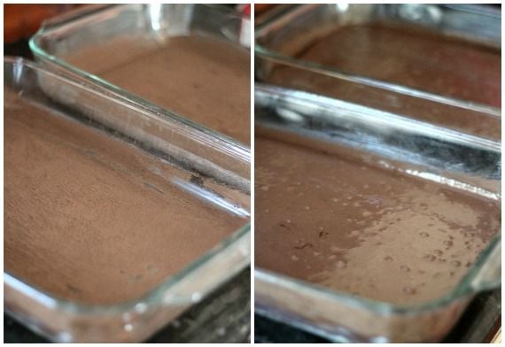Collage of chocolate cake batter in 2 glass 9x13 pans