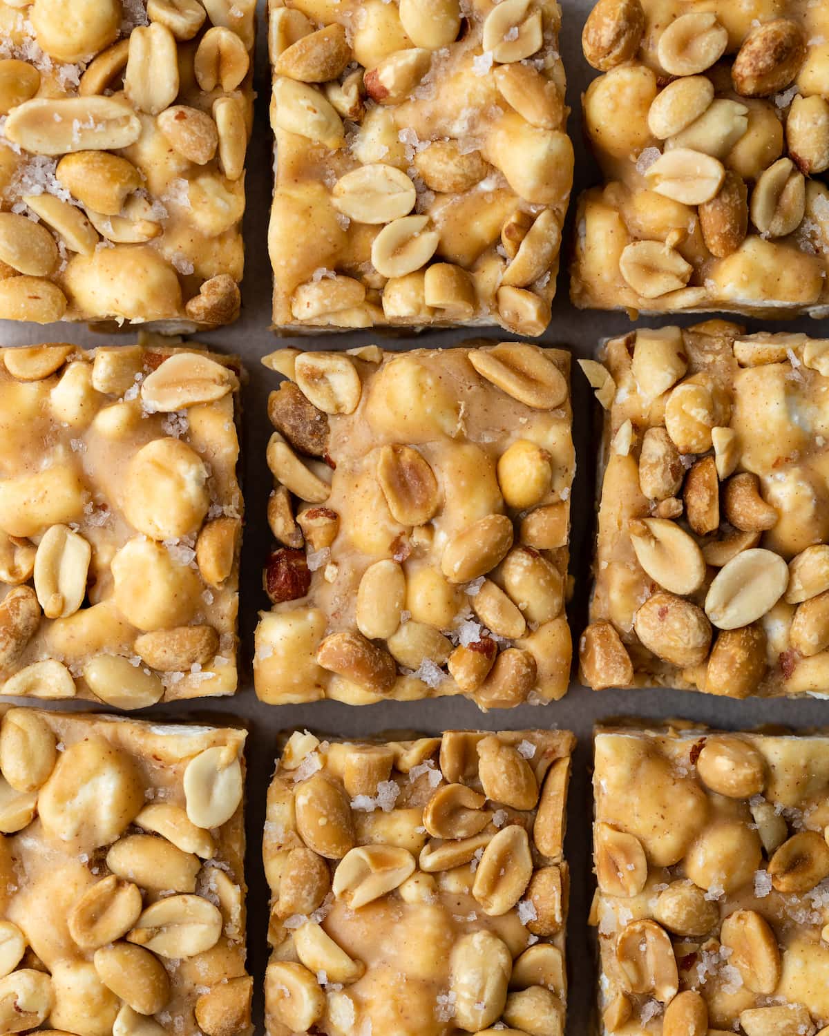 Close up top view of homemade PayDay candy cut into bars.