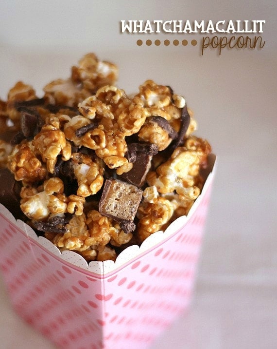 Whatchamacallit popcorn in a polka dot container