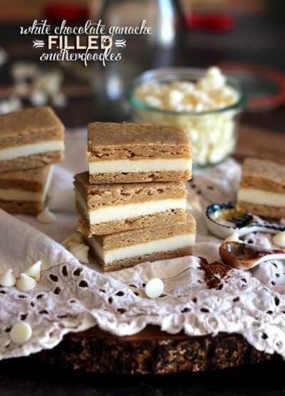 white chocolate ganache filled snickerdoodle bars