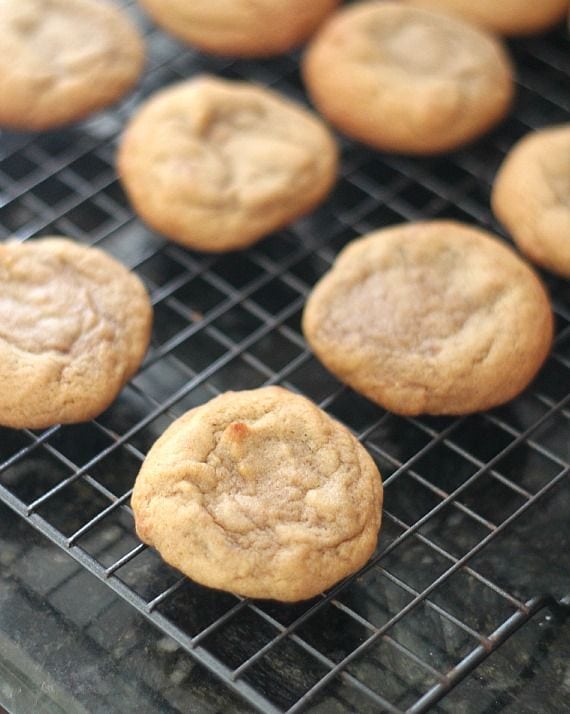 Round vanilla cookies on a cooling rack