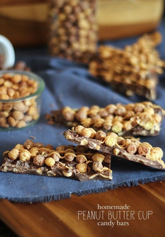 Peanut Butter Cup Candy Bars ~ A cross between a candy bar and bark, loaded with peanut butter cups, peanuts and Reese's Puffs Cereal!