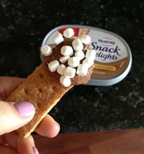 A graham cracker dipped in chocolate pudding and mini marshmallows