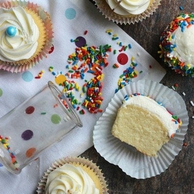Image of vanilla cupcakes with sprinkles and buttercream frosting