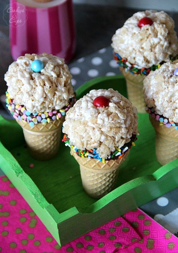 Ice Cream Cone Rice Krispie Treats on a green tray