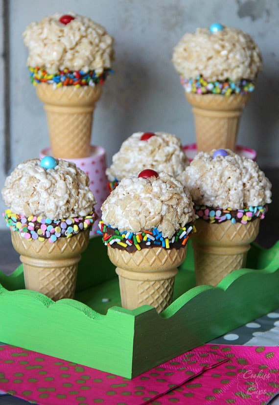 Ice Cream Cone Rice Krispie Treats on a green tray