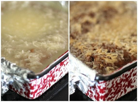 Brownies with coconut topping in a pan