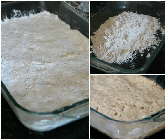 Collage of the steps of spreading a shortbread crust in a baking dish