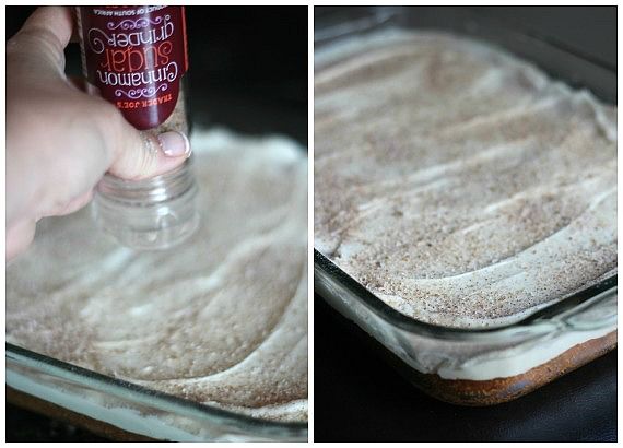 Collage of two photos of ground cinnamon being added to frosted cinnamon roll cookie bars