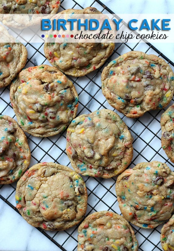 Image of Birthday Cake Chocolate Chip Cookies on a Cooling Rack