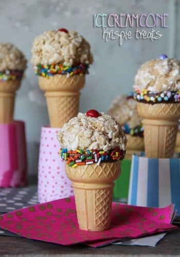 Ice Cream Cone Rice Krispie Treats on a napkin and stands