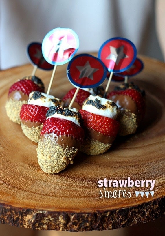 Strawberry Smores on a wooden board