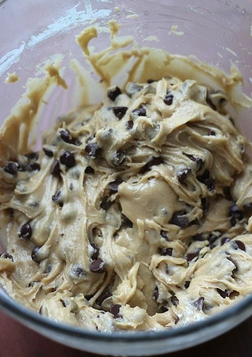 Malted chocolate chip cookie dough in a mixing bowl