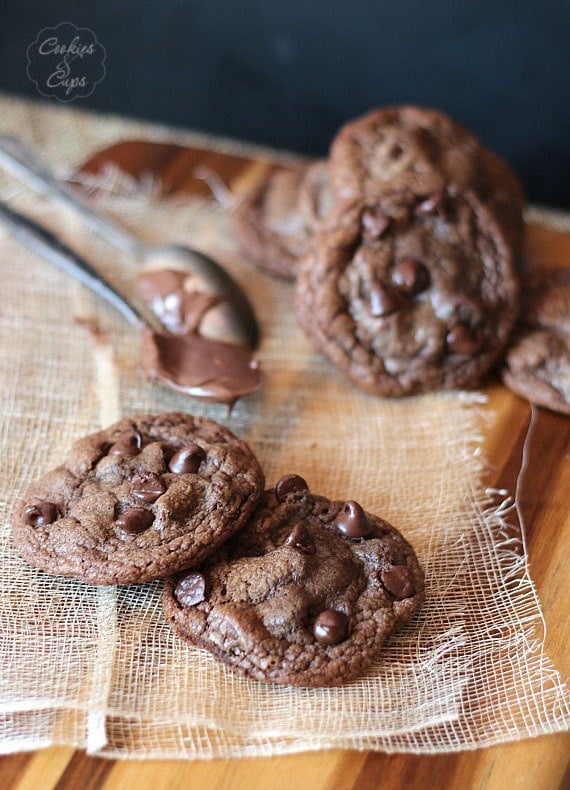 Nutella Filled Chocolate Chocolate Chip Cookies | Cookies and Cups