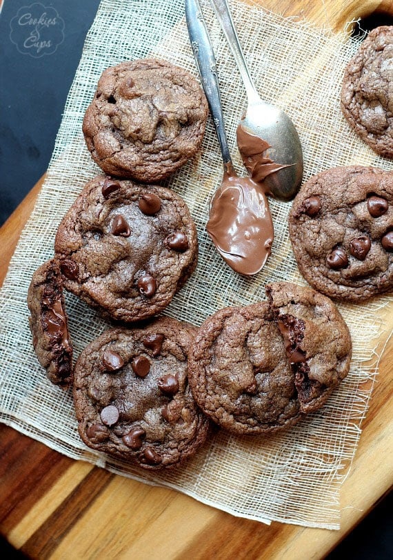 Nutella Filled Chocolate Chocolate Chip Cookies | Cookies and Cups