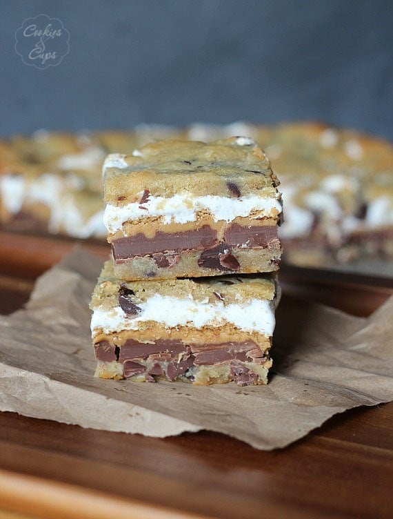 Chocolate Chip Cookie Peanut Butter S'mores Bars | Cookies and Cups