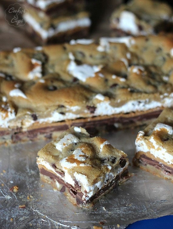 Chocolate Chip Cookie Peanut Butter S'mores Bars | Cookies and Cups