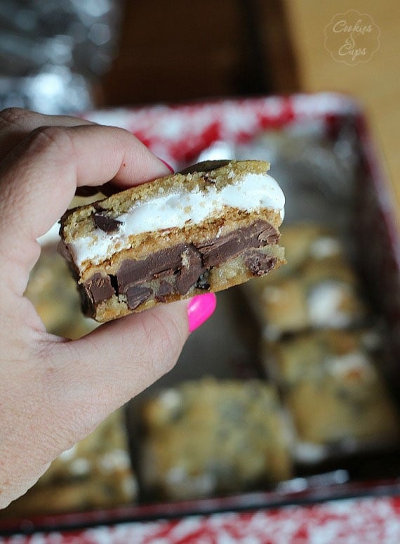 Chocolate Chip Cookie Peanut Butter S'mores Bars | Cookies and Cups