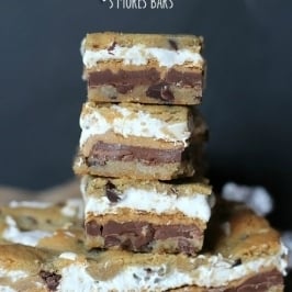 Image of 3 stacked chocolate chip cookie peanut butter s'mores bars