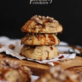 3 stacked sticky toffee pudding cookies